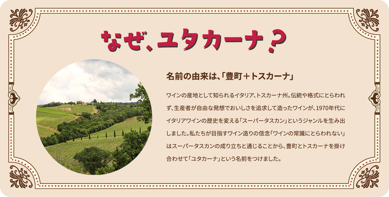 なぜユタカーナ？名前の由来は、「豊町＋トスカーナ」ワインの産地として知られるイタリア、トスカーナ州。伝統や格式にとらわれず、生産者が自由な発想でおいしさを追求して造ったワインが、1970年代にイタリアワインの歴史を変える「スーパータスカン」というジャンルを生み出しました。私たちが目指すワイン造りの信念「ワインの常識にとらわれない」はスーパータスカンの成り立ちと通じることから、豊町とトスカーナを掛け合わせて「ユタカーナ」という名前をつけました。 